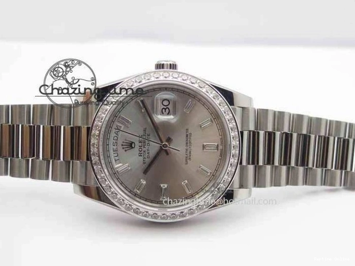 0126 TechFriendly Day Date 40mm SS BP Maker Best Edition Diamond Bezel Silver Dial On SS Bracelet ETA 3696